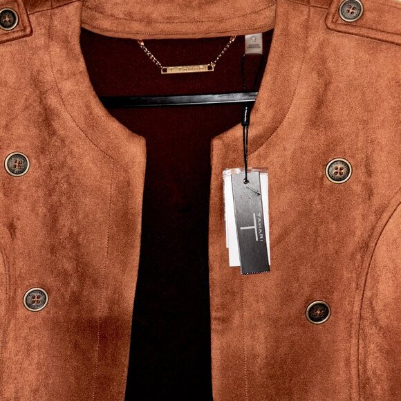Tahari Vegan Suede Jacket Sz M Tobacco Brown Blazer Epaulettes NWT - Picture 3 of 4